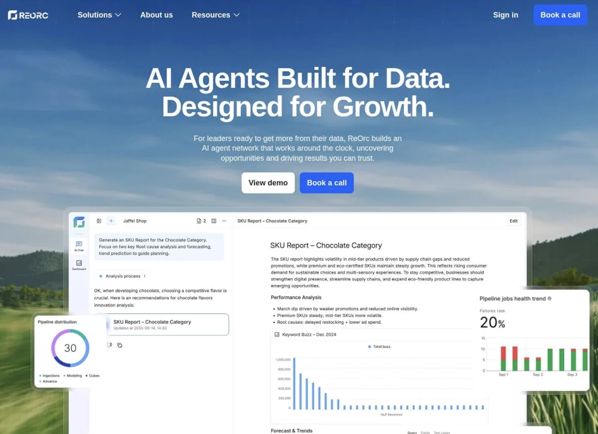 ReOrc AI agents landing page and analytics platform