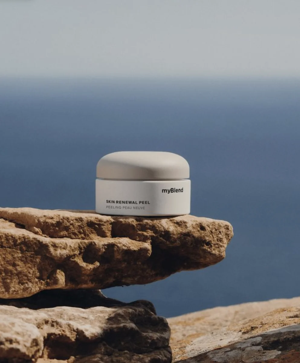 myBlend skincare product on a rocky ledge
