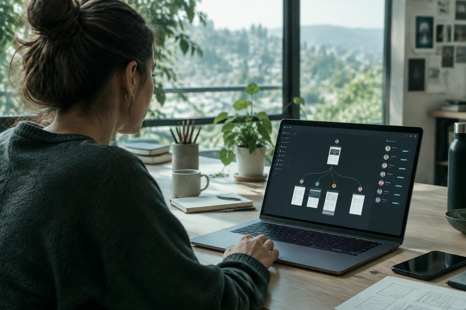 A product designer exploring a simulated website journey on a laptop